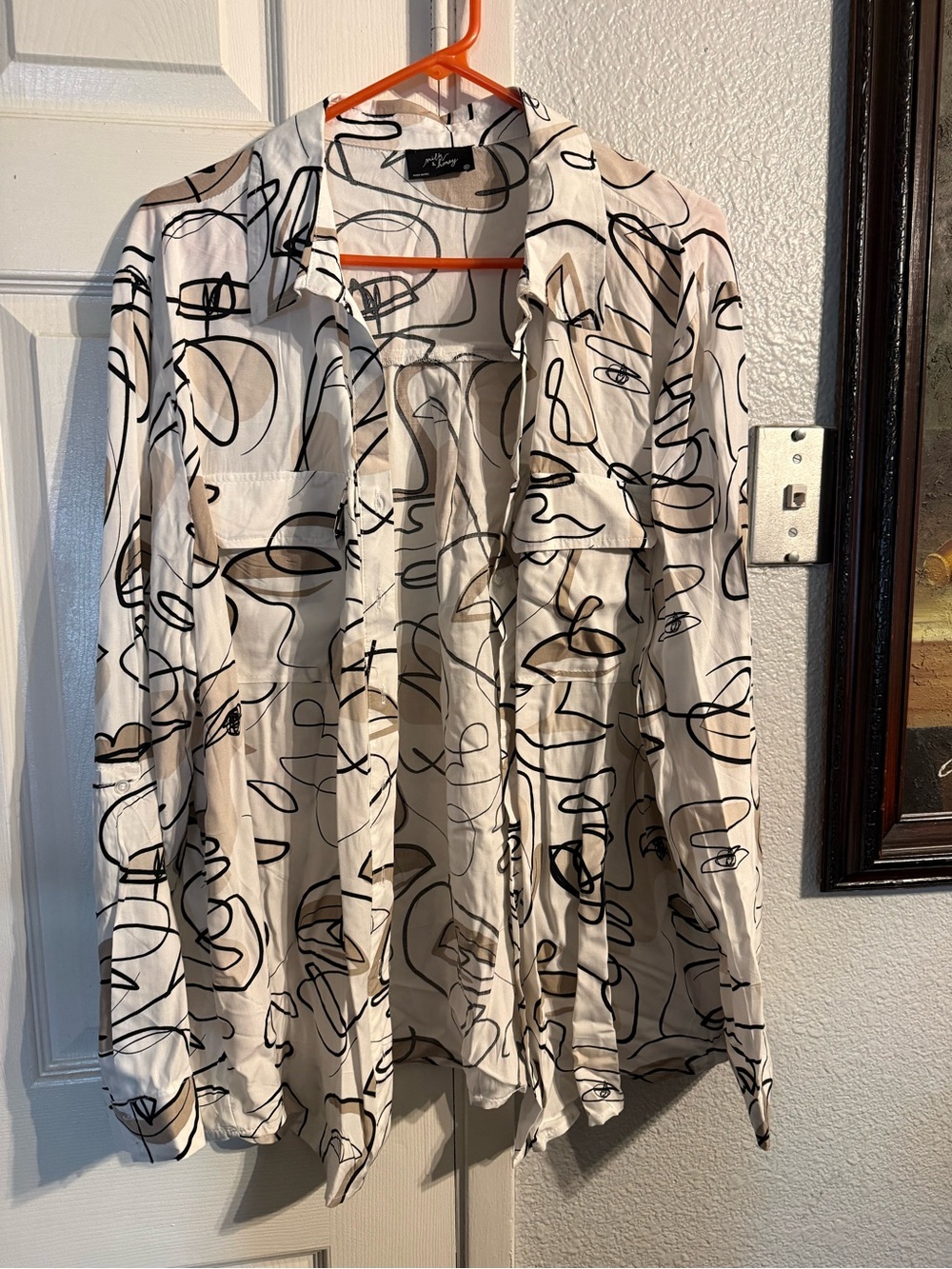 Soho Collection Cream Button-Down Shirt with Abstract Black Line Print